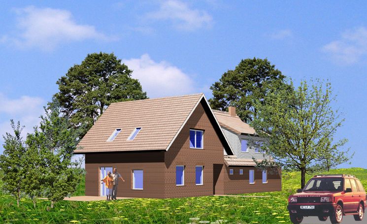Bauplan visualisieren @ Schuur-Baugrafik - Einfamilienhaus mit roter Klinkerfassade und behinderten gerechten Ferienwohnung
